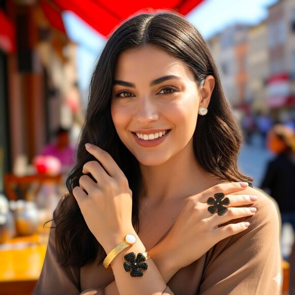 Turkish Artisanal Black Flower Set 18K Gold Plated Brass Statement Jewelry - Picture 8 of 14